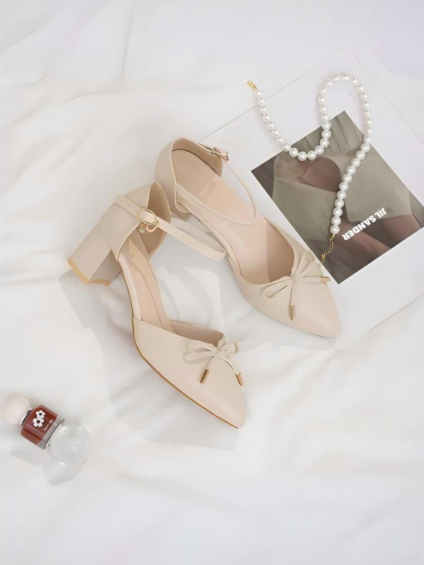 Women's Elegant Pointed Toe Heeled Sandals, Bowknot Anklet Mary Jane Shoes, Comfortable Mid-Heel Dress Shoes for Office, Wedding, Party