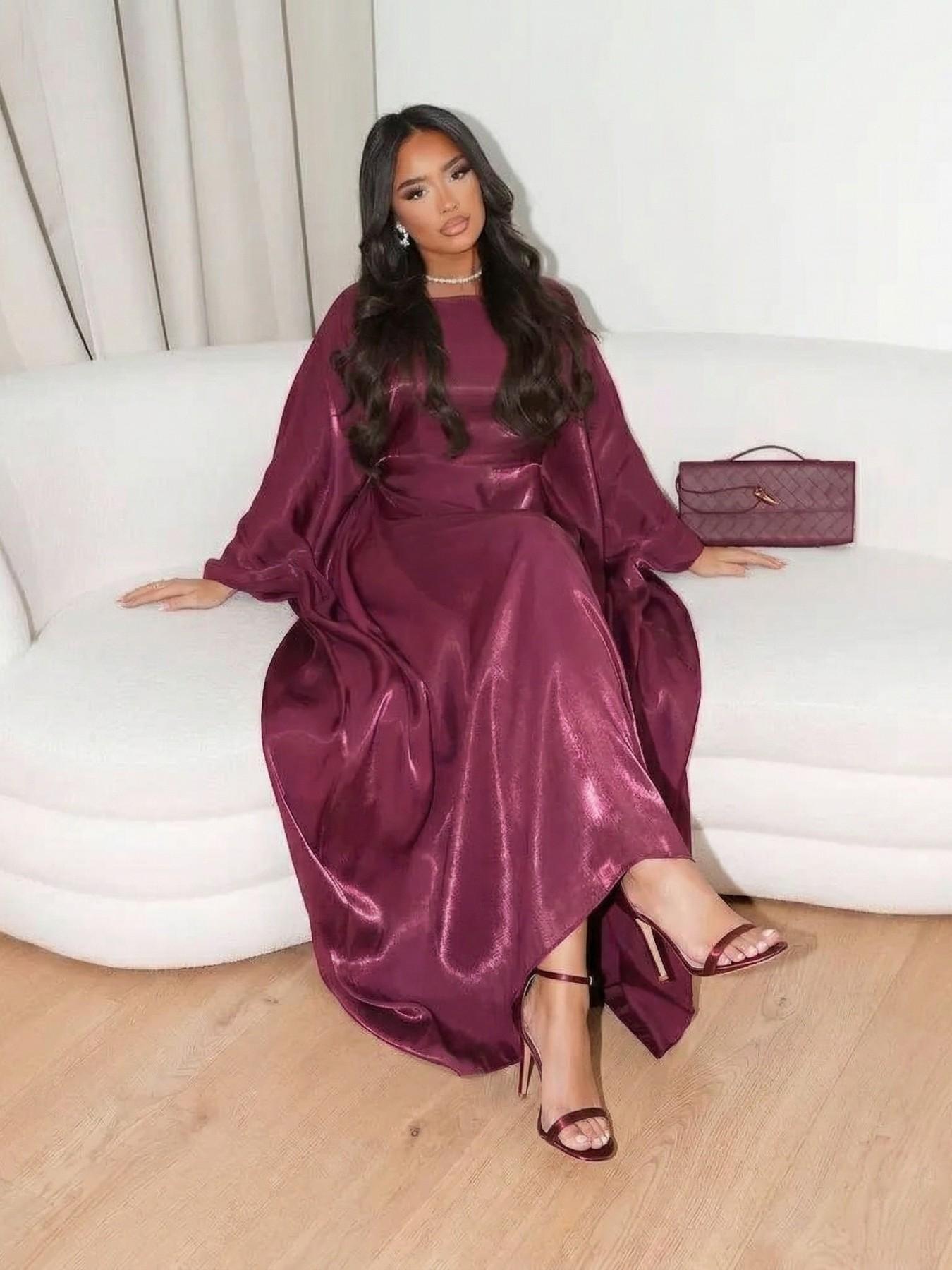 Women's Solid Color Round Neck Kaftan Robe, Muslim Women's Gowns, Modest Fashion Long Sleeve Dress for Daily Wear, Women's Islamic Clothing for All Seasons