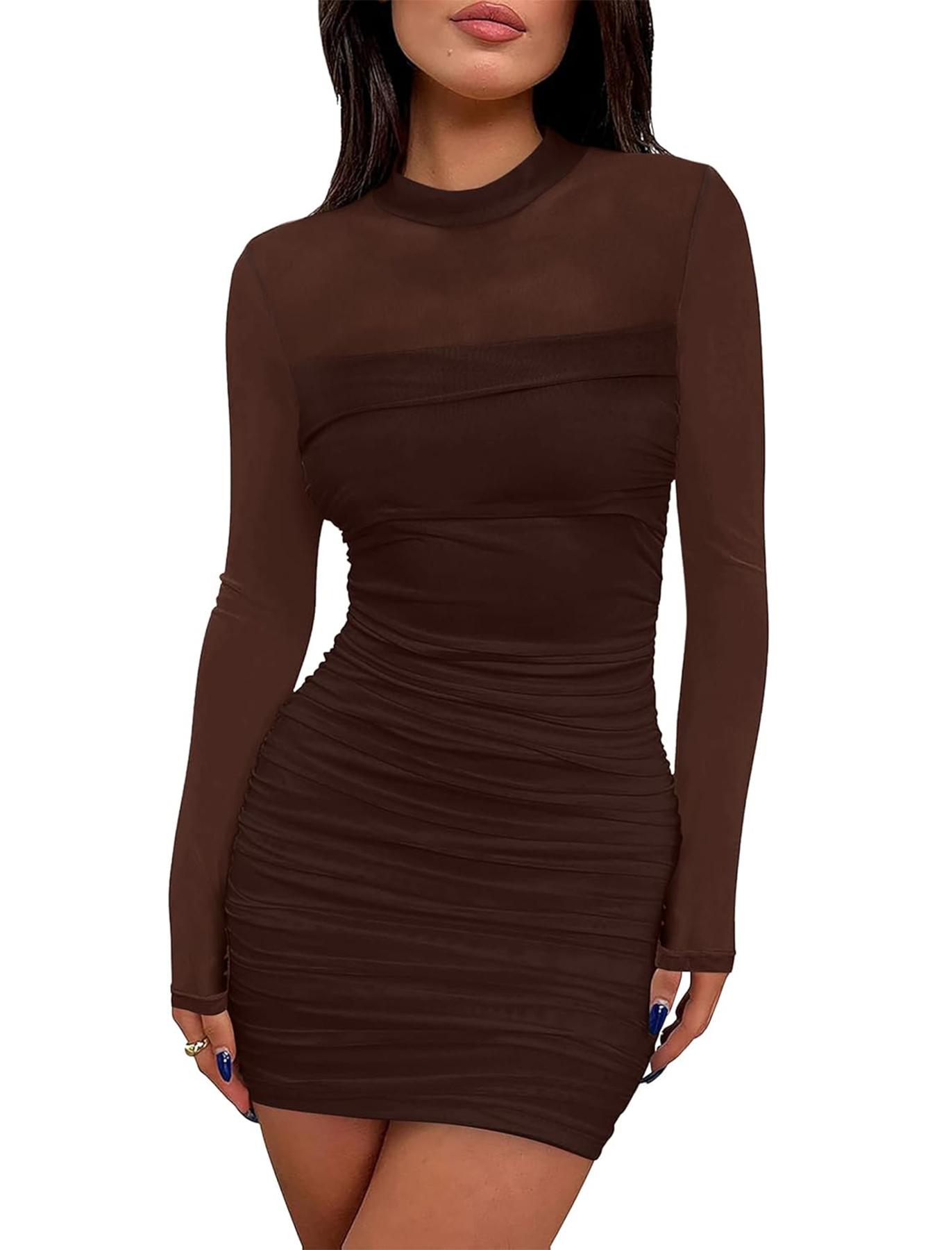 Women's glitter mesh semi-transparent long-sleeved pleated mini dress, sexy and slimming style, high neck design, suitable for cocktail parties or club gatherings