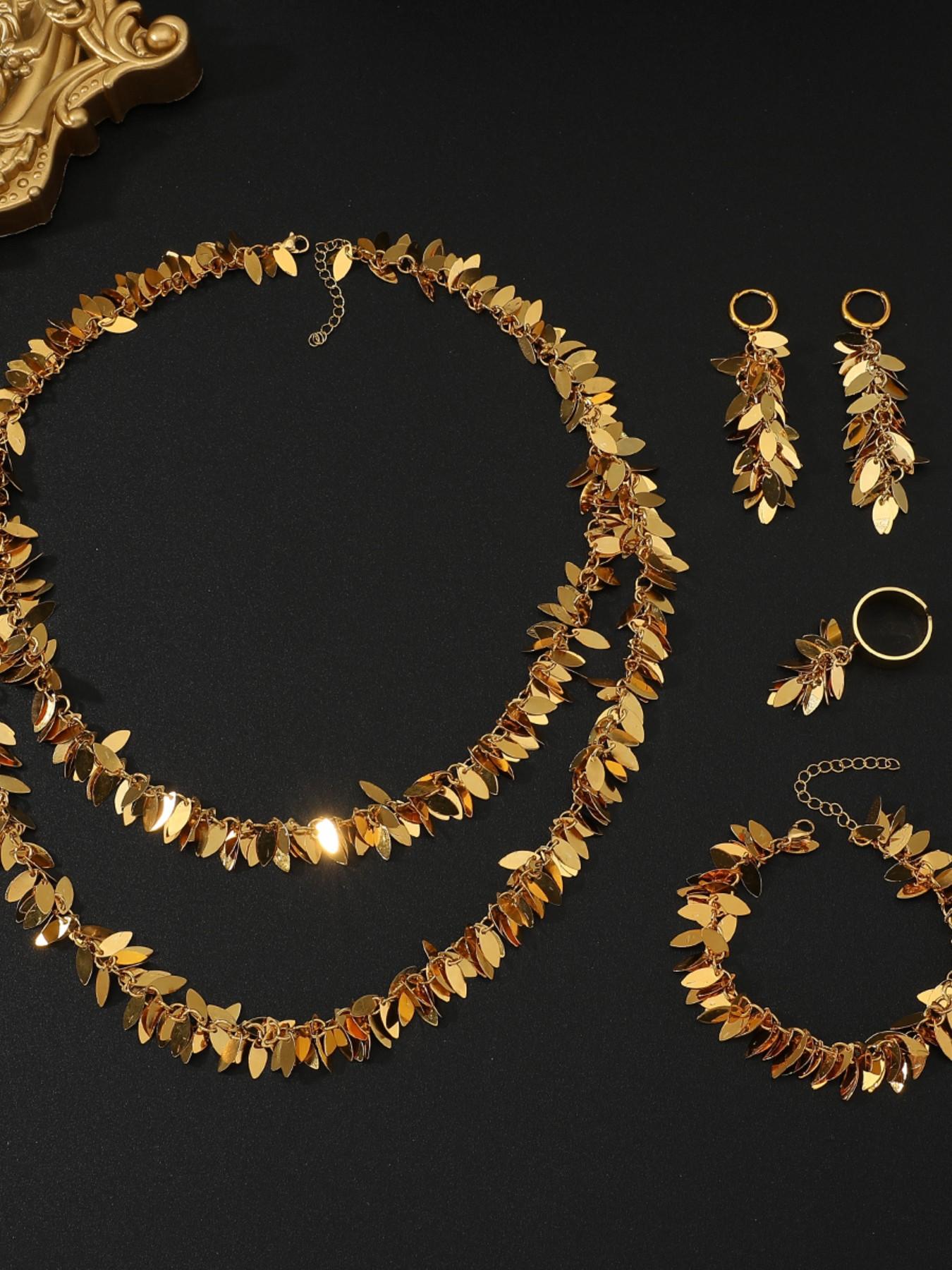 5pcs/set Square Fringe Stainless Steel Jewelry Set, Necklace, Earrings, Bracelet, Ring, Party Wedding Gift