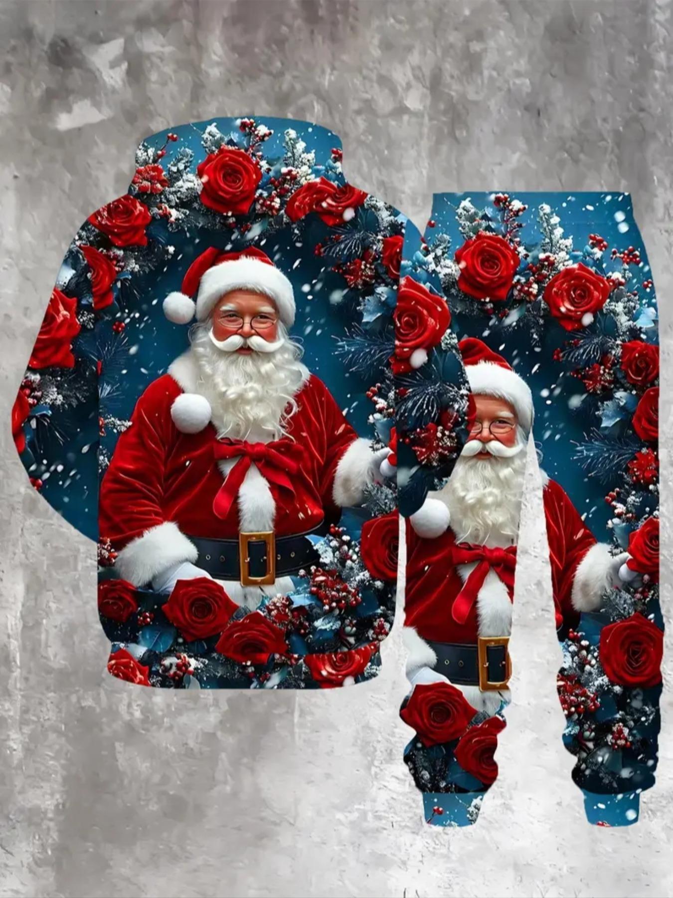 Christmas Santa Claus 3D Print Hoodie Set, Outfit, Rose Design, Fitted Long Sleeve, Comfortable Fit, Holiday, Fall & Winter