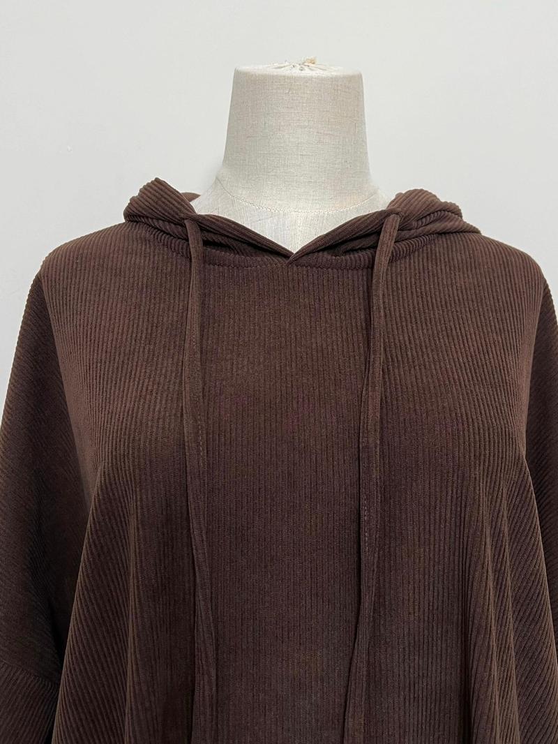 Women's Solid Drawstring Hooded Corduroy Dress, Casual Long Sleeve Dress for Fall & Winter, Women's Islamic Clothing for Daily Wear, Modesty Muslim Clothing