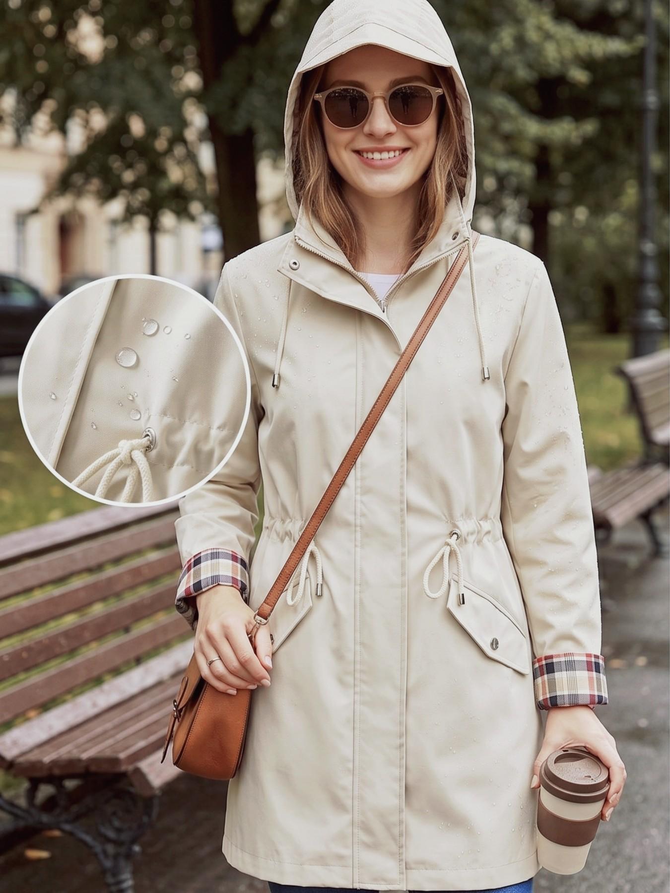 Women's Solid Color Drawstring Zip Up Hooded Trench Coat Raincoat, Casual Long Sleeve Waterproof Windproof Breathable Outerwear for Spring & Fall, Ladies Clothes for Daily Wear