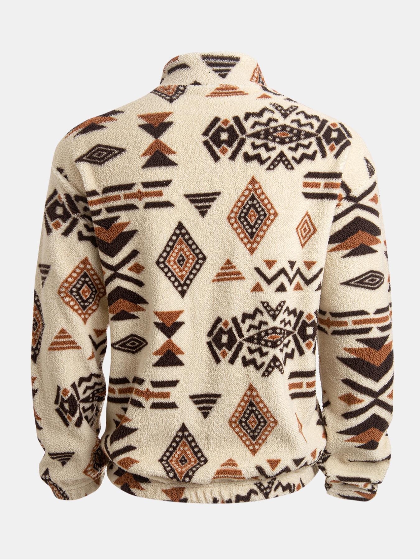 Men's Flannel Ethnic Print Hoodie, High Neck Half-Zip Pullover with Pocket, Warm Autumn Winter Casual Sportswear