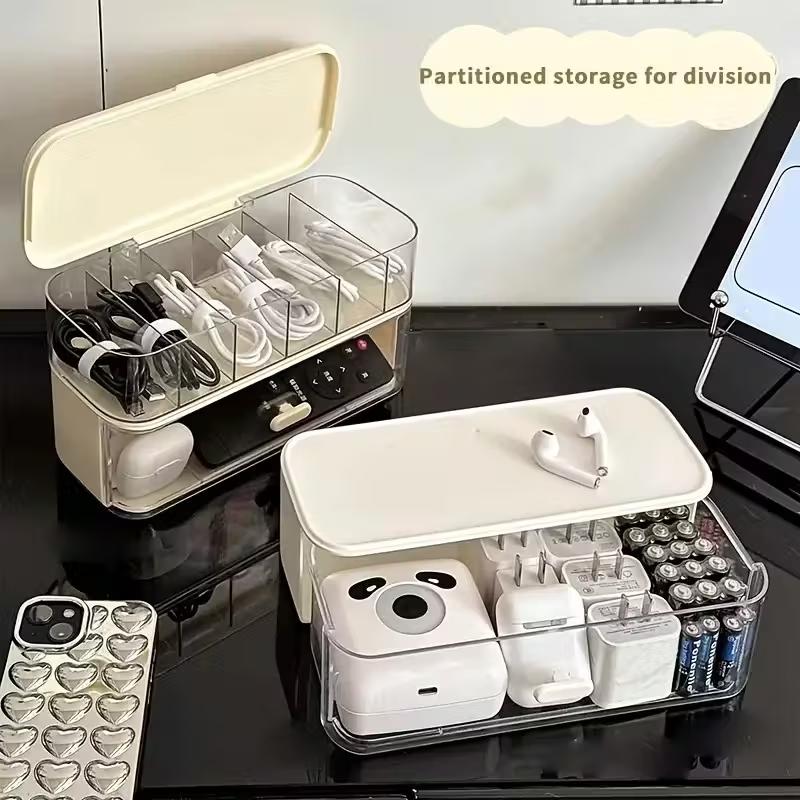 Double-Layer Transparent Desktop Cable Organizer Box, Compact Cord & Charger Storage, Adjustable Compartments, Home Office Use, Table Organizers, Desk Organizer Tidy