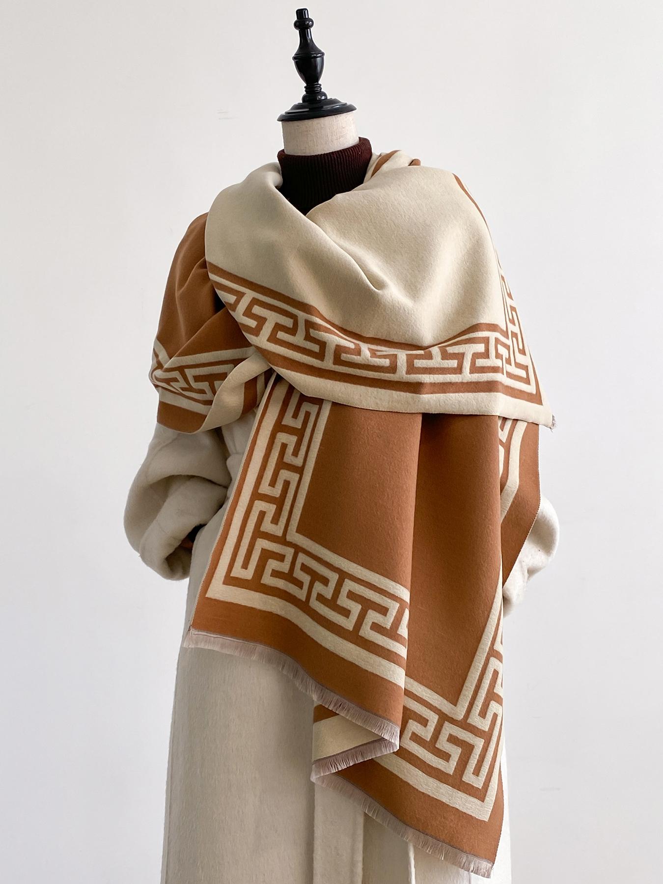 Geometric Print Textured Blanket Scarf with Fringe Trim, Soft Warm Shawl for Fall & Winter, Fashion Accessory for Women & Girls