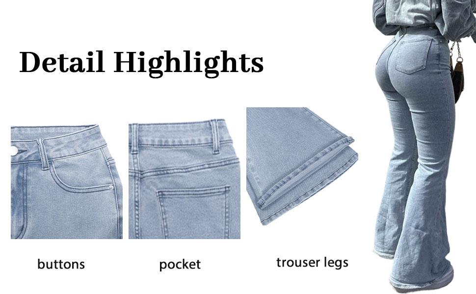 GILIPUR Y2K Women's High Waist Flare Leg Jeans, Casual Button Fly Pocket Design Bell Bottom Denim, Women's Bottoms for Daily Wear, Kardashian Style, 000 Jeans, Light Wash