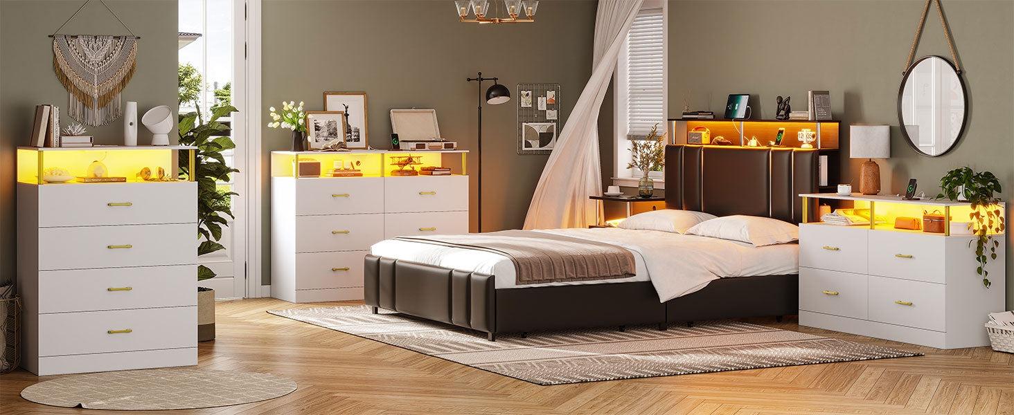 Sikaic Dresser for Bedroom with Column Design, 4 Drawer Dresser with Charging Station, Modern Bedroom Led Tall Dresser for Bedroom Closet