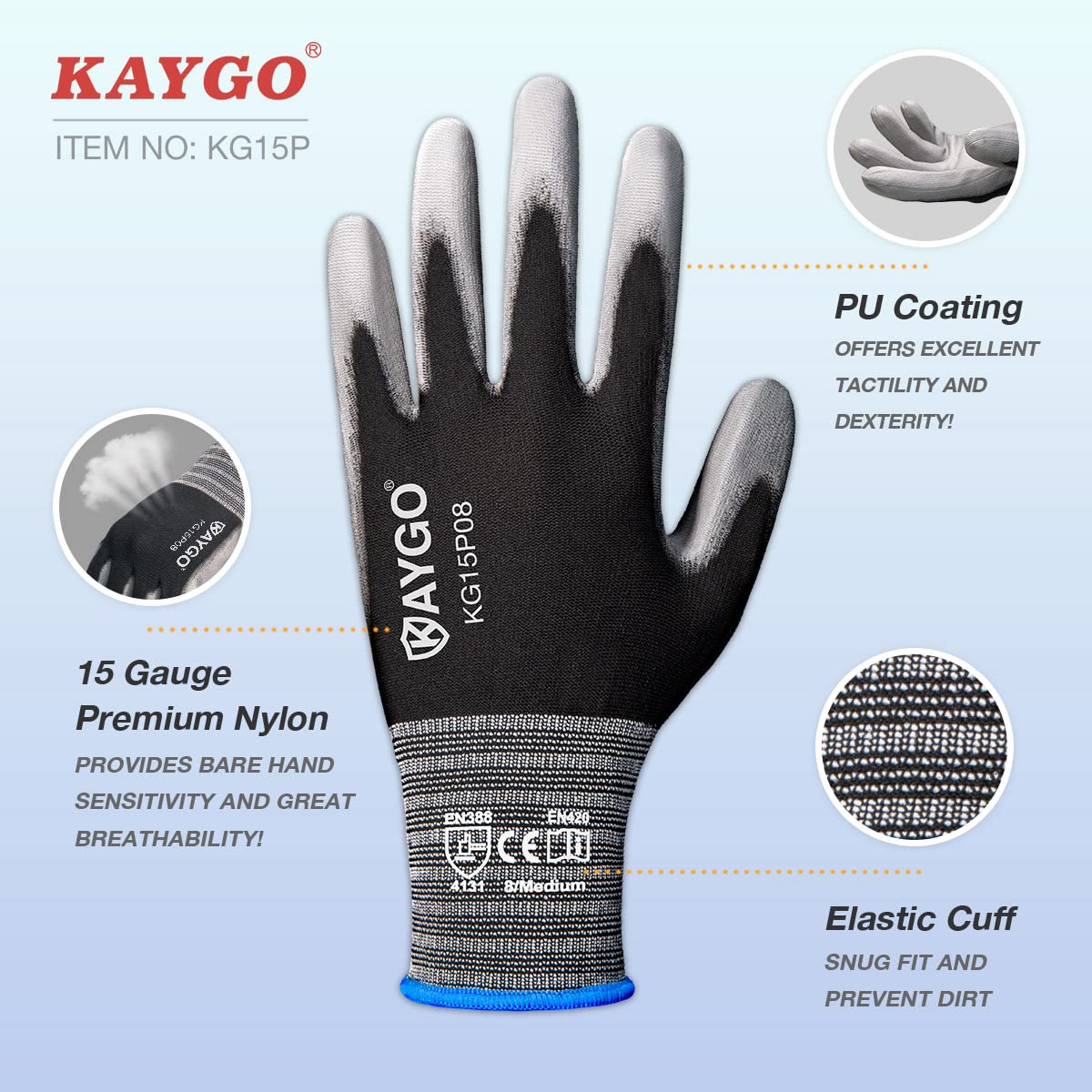 KAYGO Work Gloves PU Coated 12 Pairs, KG15P,Nylon Liner with Flexible Polyurethane Coating, Safety Work Gloves for DIY, Assembly, Warehouse, Light Duty Work