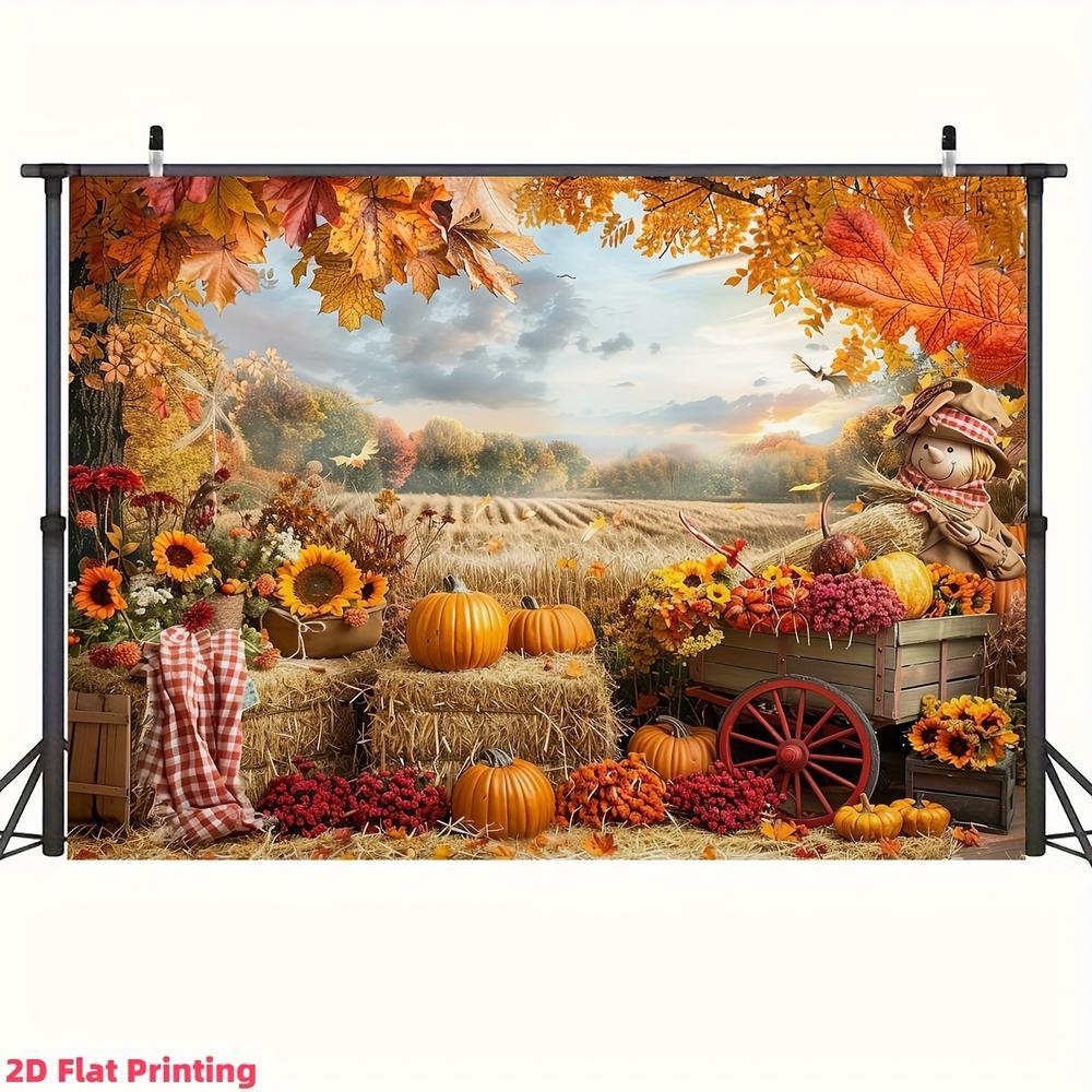 2D Flat, 2D Flat Banner - Autumn Thanksgiving Photo Backdrop with Vibrant Pumpkin Harvest Scene, Featuring Wheat Fields and Sunflowers with Cartoon Gnomes, Polyester Material, Multiple Sizes Availab