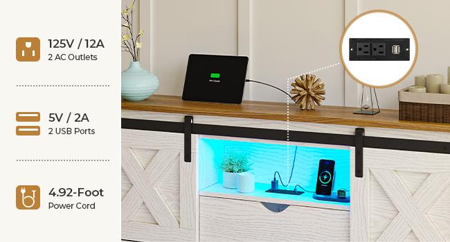 Hasuit Farmhouse Bed Frame Twin Size with 2 Storage Drawers, Wooden Platform Twin Bed with LED Lights and Charging Station, Rustic Accent Headboard with Sliding Barn Door Storage Cabinets