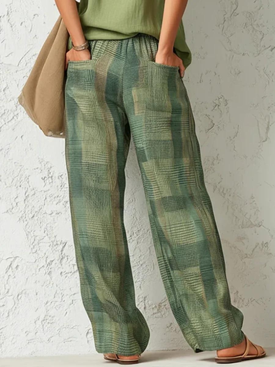 Women's High-Waisted Loose-Fit Contrast Color Plaid Pockets Polyester Bottoms, Casual Wear Pants, Trousers