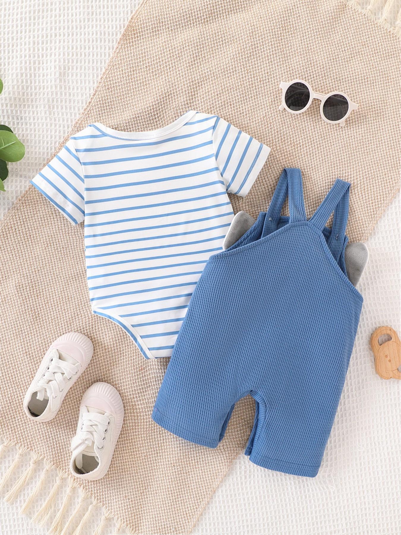 Boys' Cartoon Elephant Two-Piece Set, Striped Short Sleeve Romper + Waffle Bib Pants, Cute Summer for Kids, Comfortable and Stylish