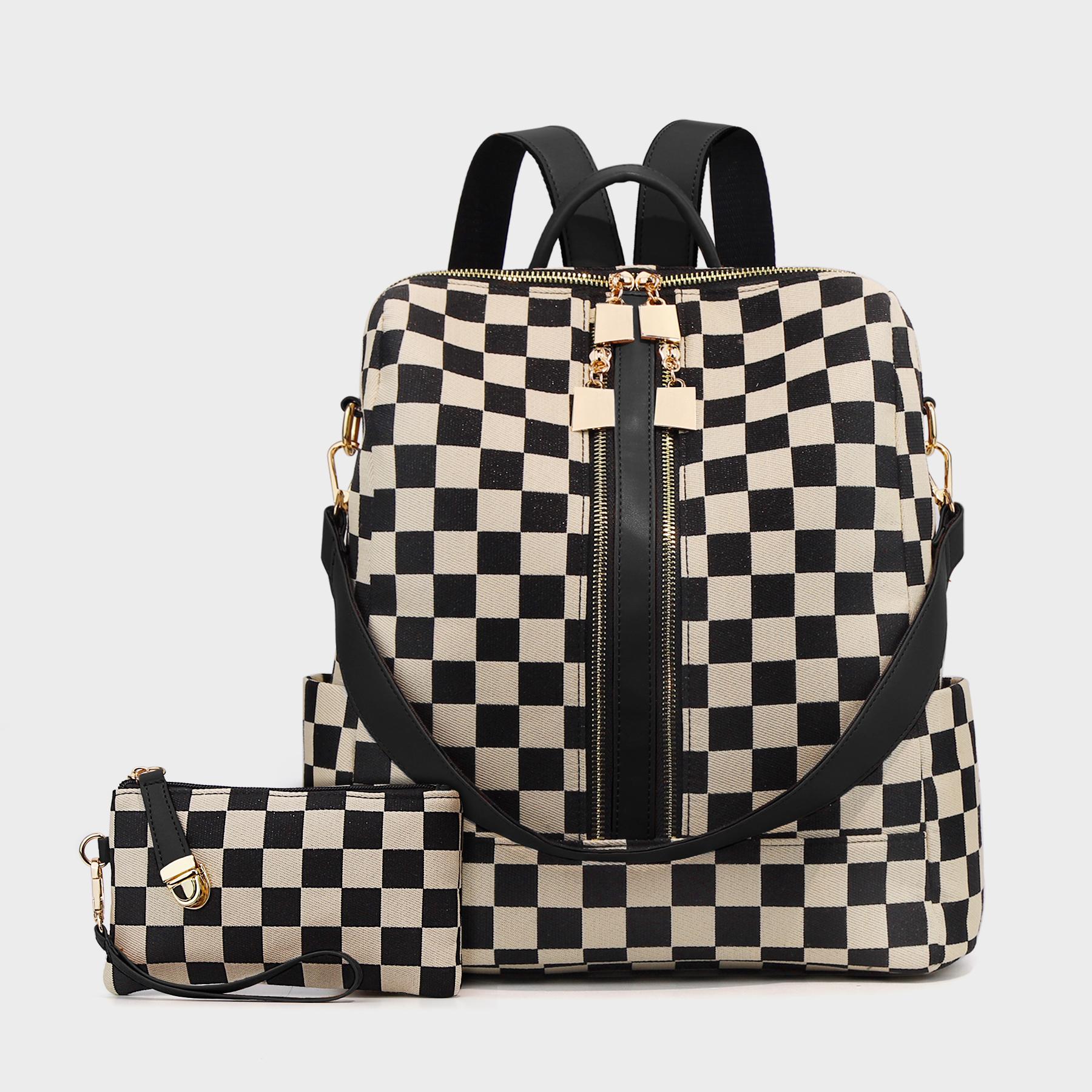Checkerboard Pattern Backpack Set, Women'S Vintage Trendy Casual Large Capacity Zipper Travel Backpack & Wristlet, Multifunctional Bag Set For Daily Use