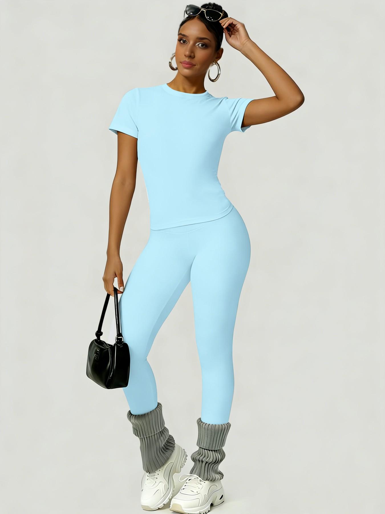 Women's Sportswear Set, Workout Gym Clothing, Training Clothes, Slim-Fit Round Neck Short Sleeves & High-Waisted Yoga Pants, Ideal for Gym Running Outdoor Activities