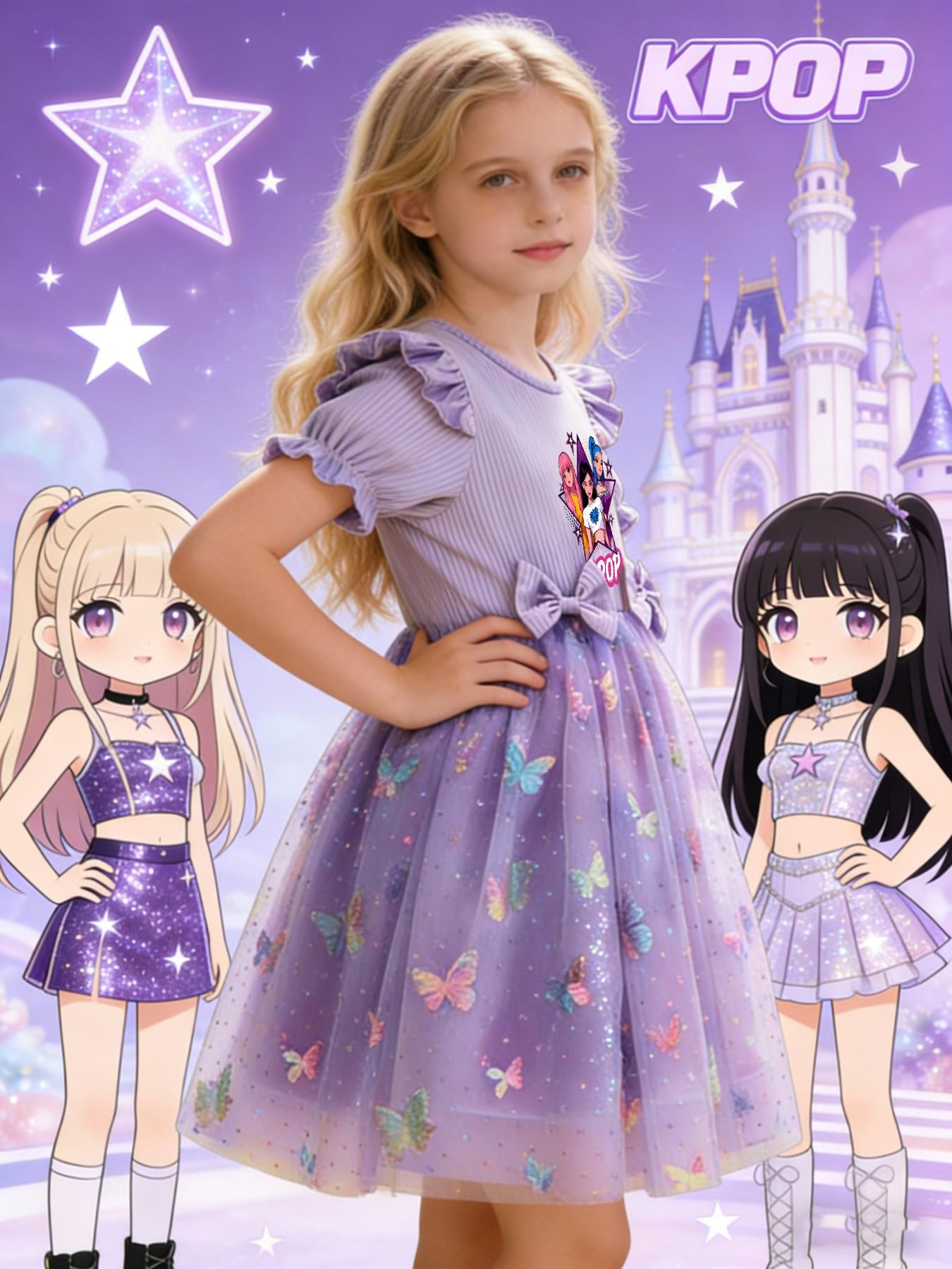 Princess Party Dance Dress, Butterfly Mesh Skirt, Dreamy Elegant Design, K-Pop Girl Group Print, Perfect for Camping Travel Parties