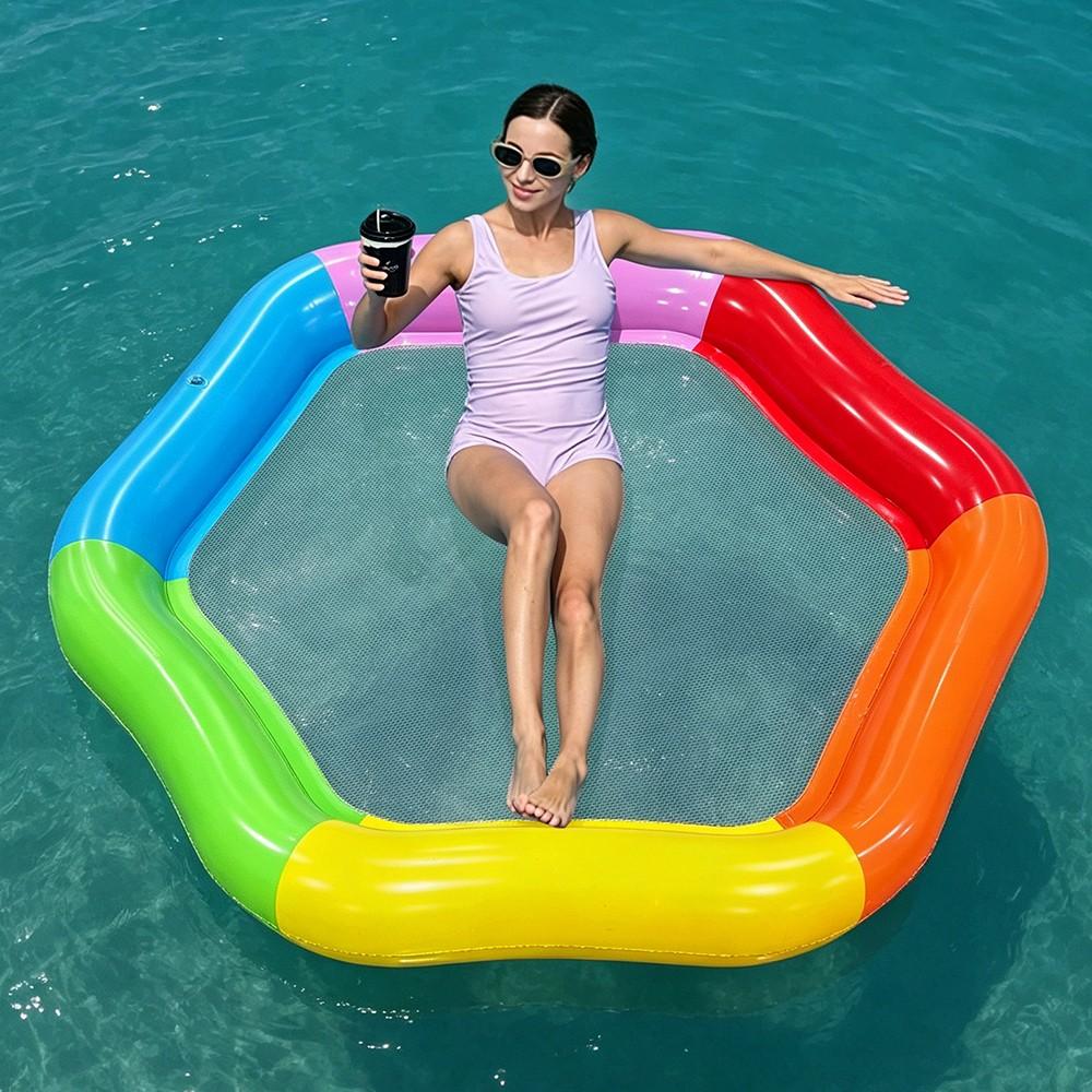 Large Hexagonal Mesh Inflatable Float Bed, 70" X 62" Summer Pool Float with Pillow, 4-In-1 Multi Purpose Inflatable Sunbathing Raft, Party Gift, Adult Double Use, Pool Floats Lounger, Pool Floater, Inflatable Water Lounger