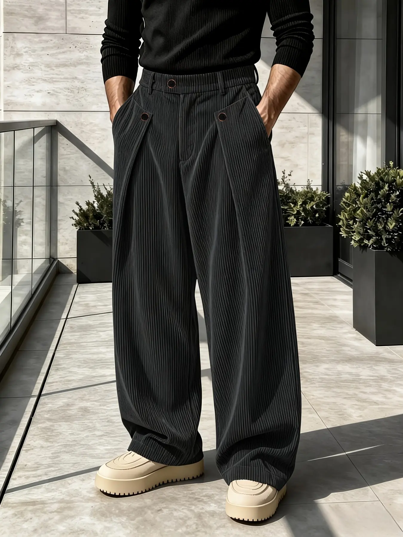 Men's New Velvet Pants, Multi-Button Design, Back Pockets, Elastic Waist Buttons, Comfortable Fabric, Ideal for Daily Use, Office, Travel, Gifts
