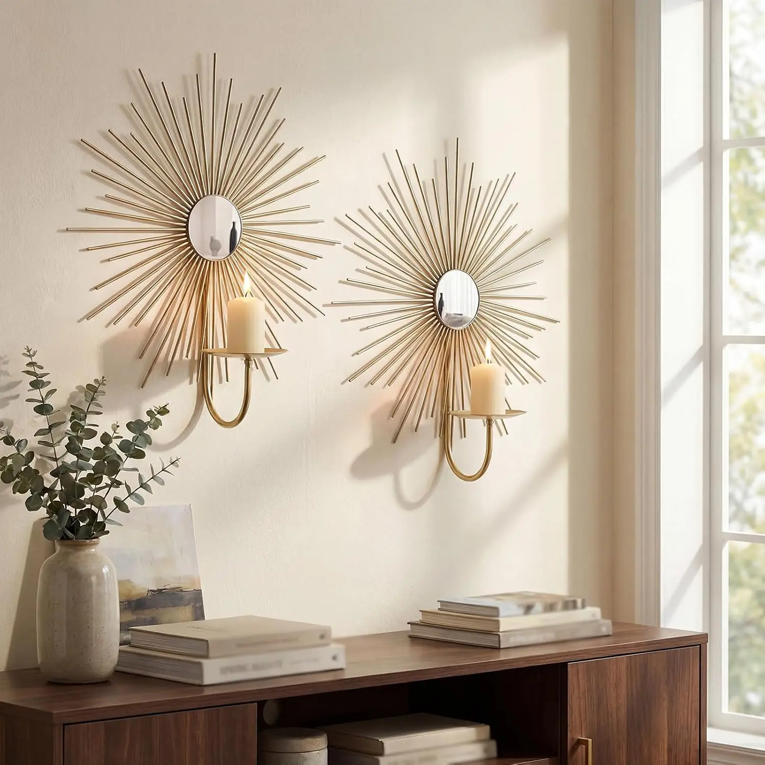 2 Set Decorative Metal Sunburst Mirrored Rays Wall-Mounted Candle Sconces, Compact Pillar Candle Holders for Living Room, Fireplace, Wedding Home Decor, Modern