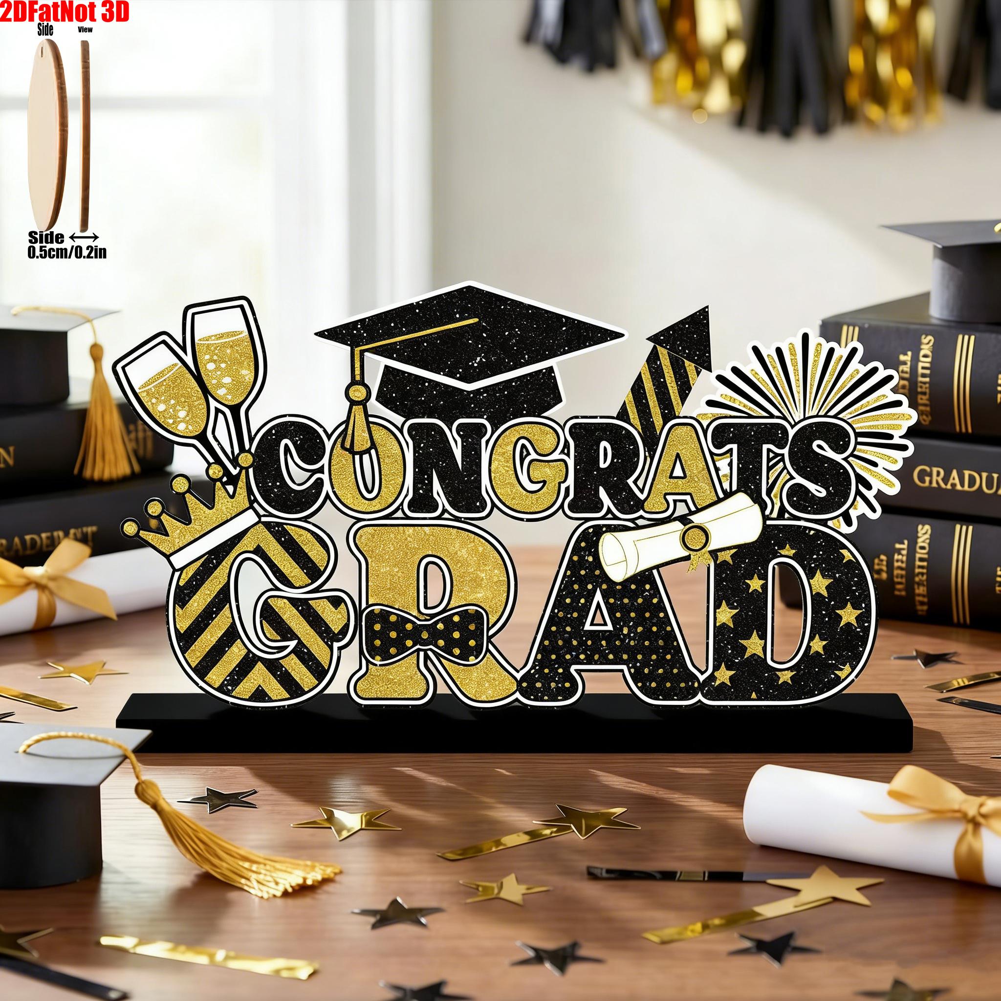 2D Graduation Table Sign, and, Wooden Base, Centerpiece Decor, Suitable for Desk, Fireplace, Party Supplies