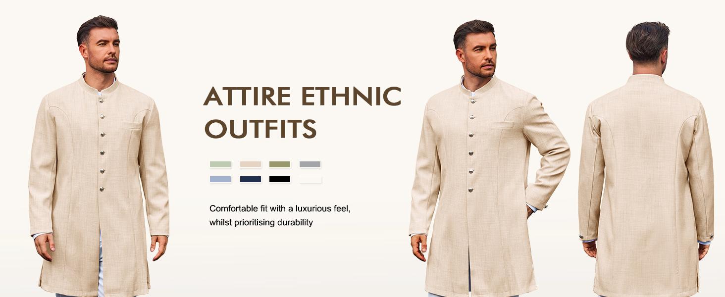Runcati Mens Kurta Coats Indian Mandarin Collar Attire Ethnic Outfits Wedding Festive Party Clothing Casual Kaftan Robe