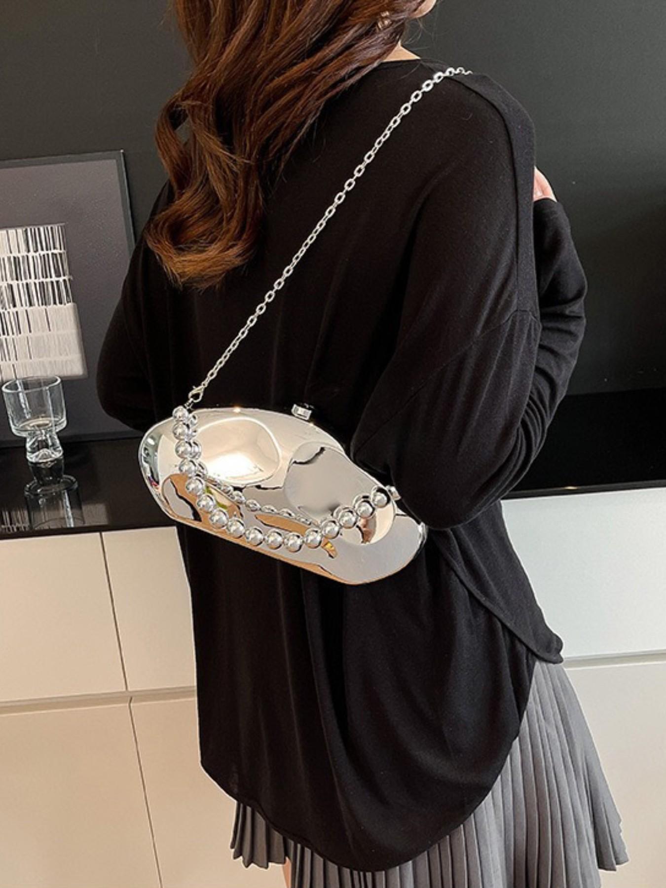 Elegant Acrylic Shoulder Clutch, Cute New Fashion Evening Bag, Luxury Crossbody Bag, Silver Gold Bead Handbag, Small Oval Shiny Handheld Bag, Trendy Chain Multi-Use Bag