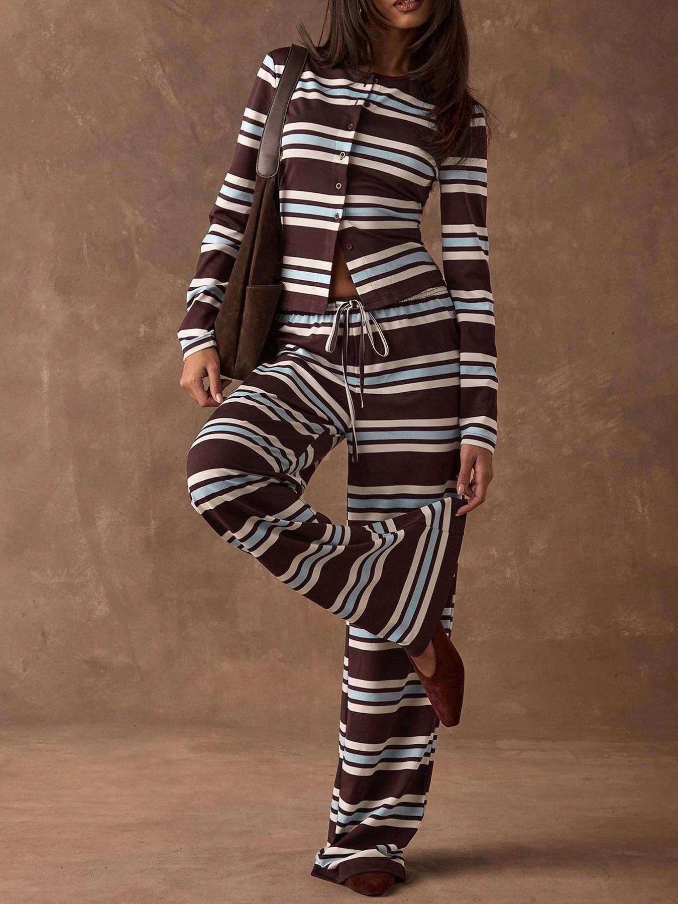 Women's Striped Knit Two-Piece Set, Crew Neck Long Sleeve Button Front Crop Top, Elastic Waist Drawstring Wide Leg Pants, Daily Casual Loungewear Vacation Wear, Soft Stretchy Breathable