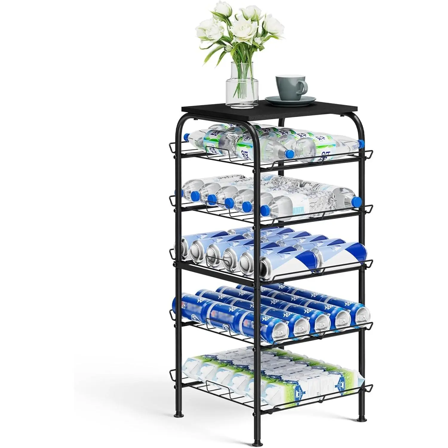 5 Tier Water Bottle Storage Rack Vertical Freestanding Bottled Water Organizer Large Capacity Beverage Drink Soda Can Holder Stand for Kitchen Pantry Home Party Food Storage, Black