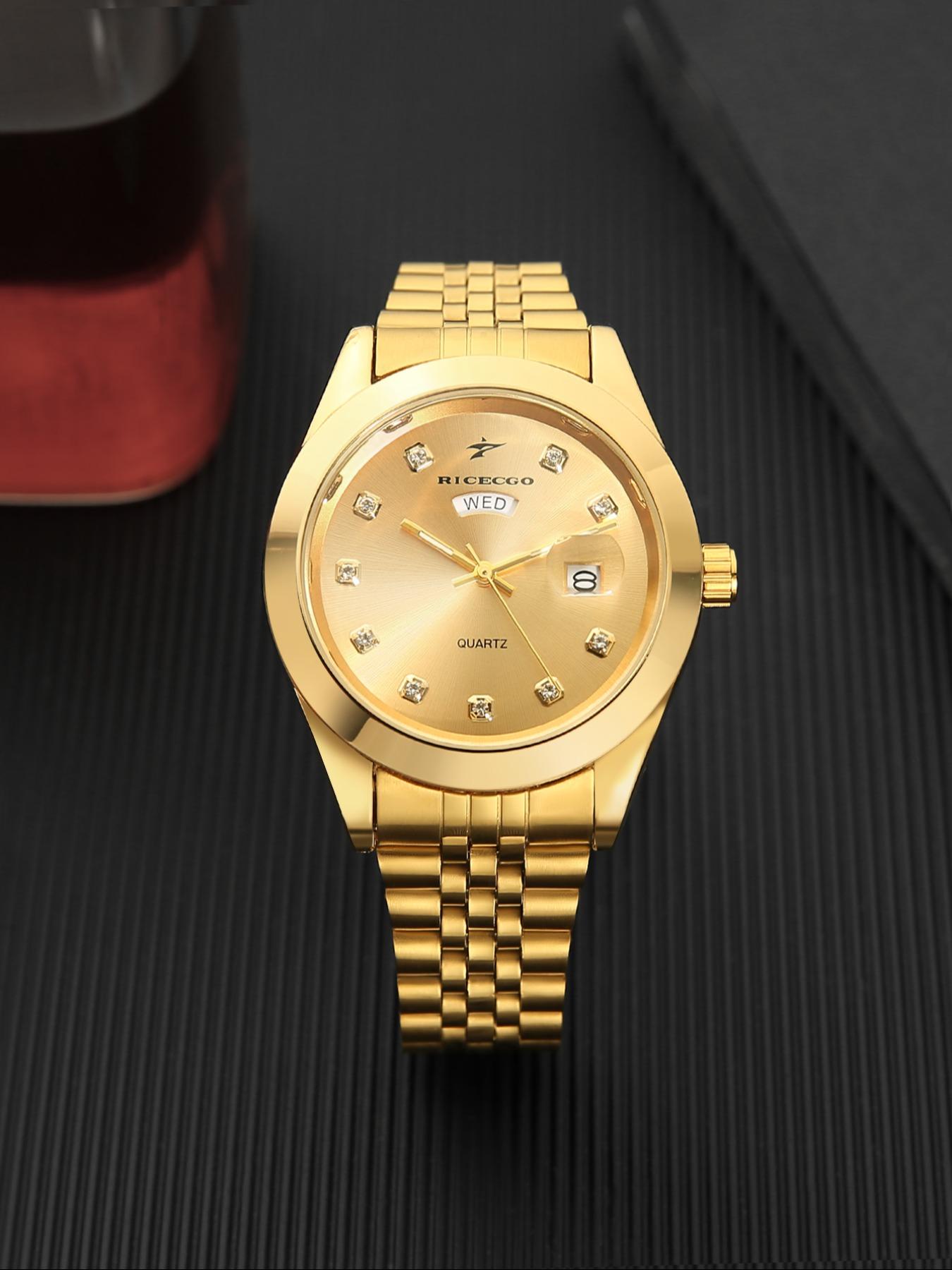 RICECGO Men's Quartz Watch Luxurious solid gold finish Elegant Round Dial Diamond-set hour markers sparkle with eye-catching brilliance Features day and date display Exudes prestige for business gifts Limited-time offer—act fast before it's gone