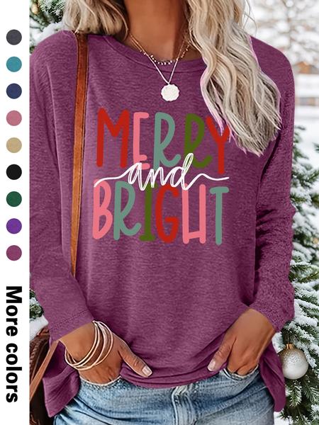Women's Christmas Casual Letter Print Round Neck Long Sleeve T-Shirt, Comfortable Fabric, Available in 9 Colors, All Seasons Wear