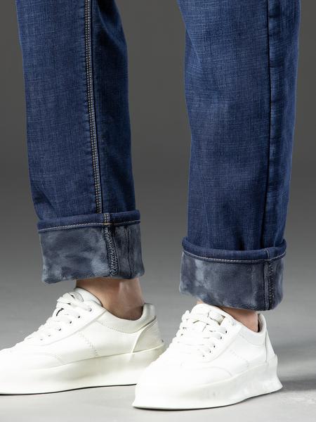 Men's Thickened Winter Fleece Jeans, Loose Straight Leg High Waist Casual Elastic Pants, Warm Long Denim Trousers for Fall & Winter