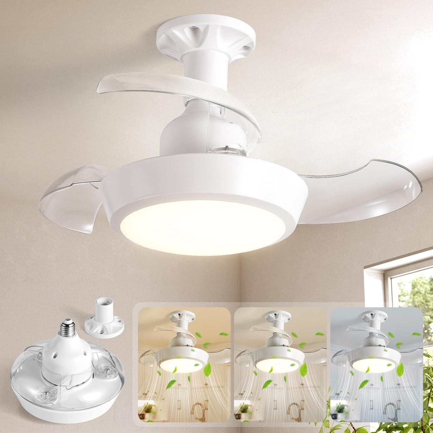 Socket Fan Light with Remote Control, E27 Socket Retractable Ceiling Fan Light, Ultra-Quiet Dc Motor, Dimmable LED, Flush MounSocket Fan Light E27 Fan Light Retractable Ceiling Fan Light Invisible Blades Ultra Quiet DC Motor Dimmable LED Flush Mountt