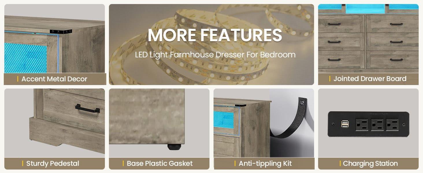 Sikaic 6 Drawers LED Dresser with Outlets Rustic Wood Top Cabinets