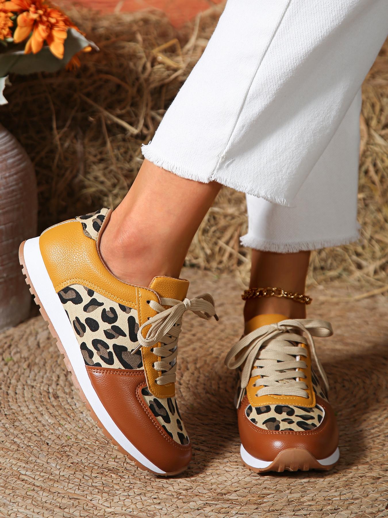 Women's Fashion Leopard Print Lace Up Low Top Sneakers, Casual Breathable Comfortable Sports Shoes, Female All-match Round Toe Shoes for Daily Wear