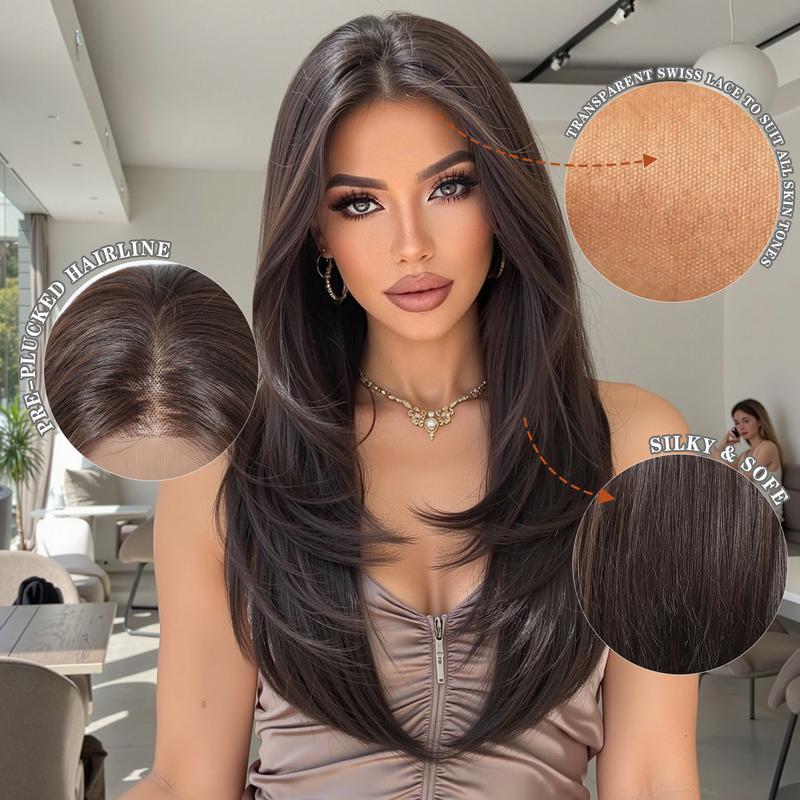13x6 HD Transparent Lace Front Wig 22Inch Deep Brown Color Synthetic Lace Wig Glueless Lace Wig High Temperature Chemical Fiber Daily Wear&Christmas&Music Festival&Party&Halloween-Natural Look & Comfort Fit