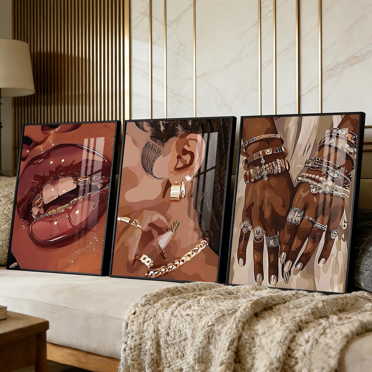 3 Counts Aluminum Alloy Framed Painting, Stylish Woman Jewelry And Gold Accessories Art Posters, Home Decoration For Living Room, Bedroom, Office, Restaurant, Hallway Wall Decor, Odorless Print Artwork, Luxury Perfect Gift For Friends And Family