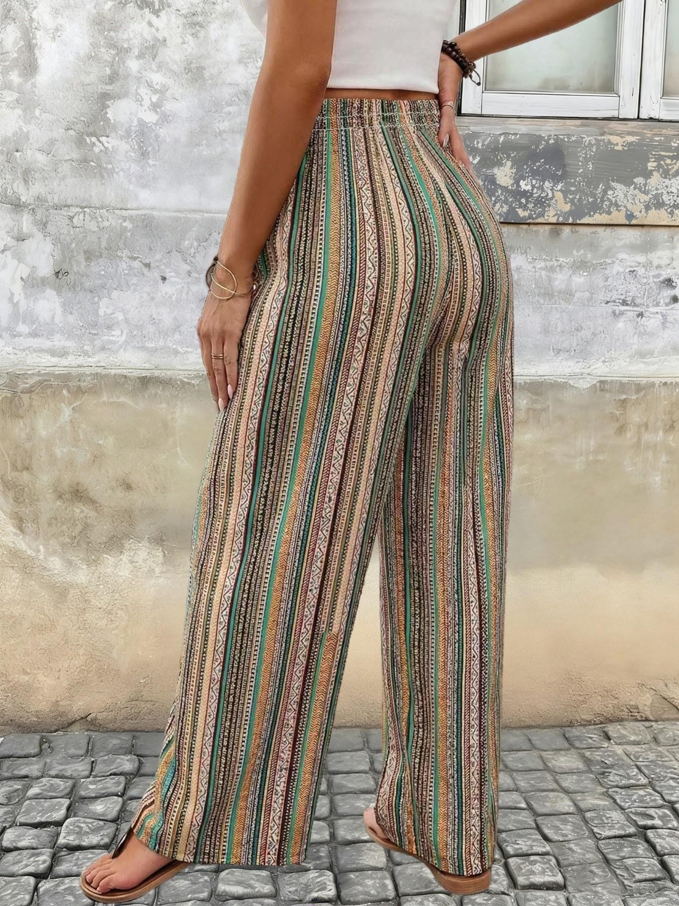 Women's Bohemian Striped Wide Leg Pants, Elegant High Waist Elastic Waistband, Casual Loose Fit, Perfect for Beach and Daily Wear