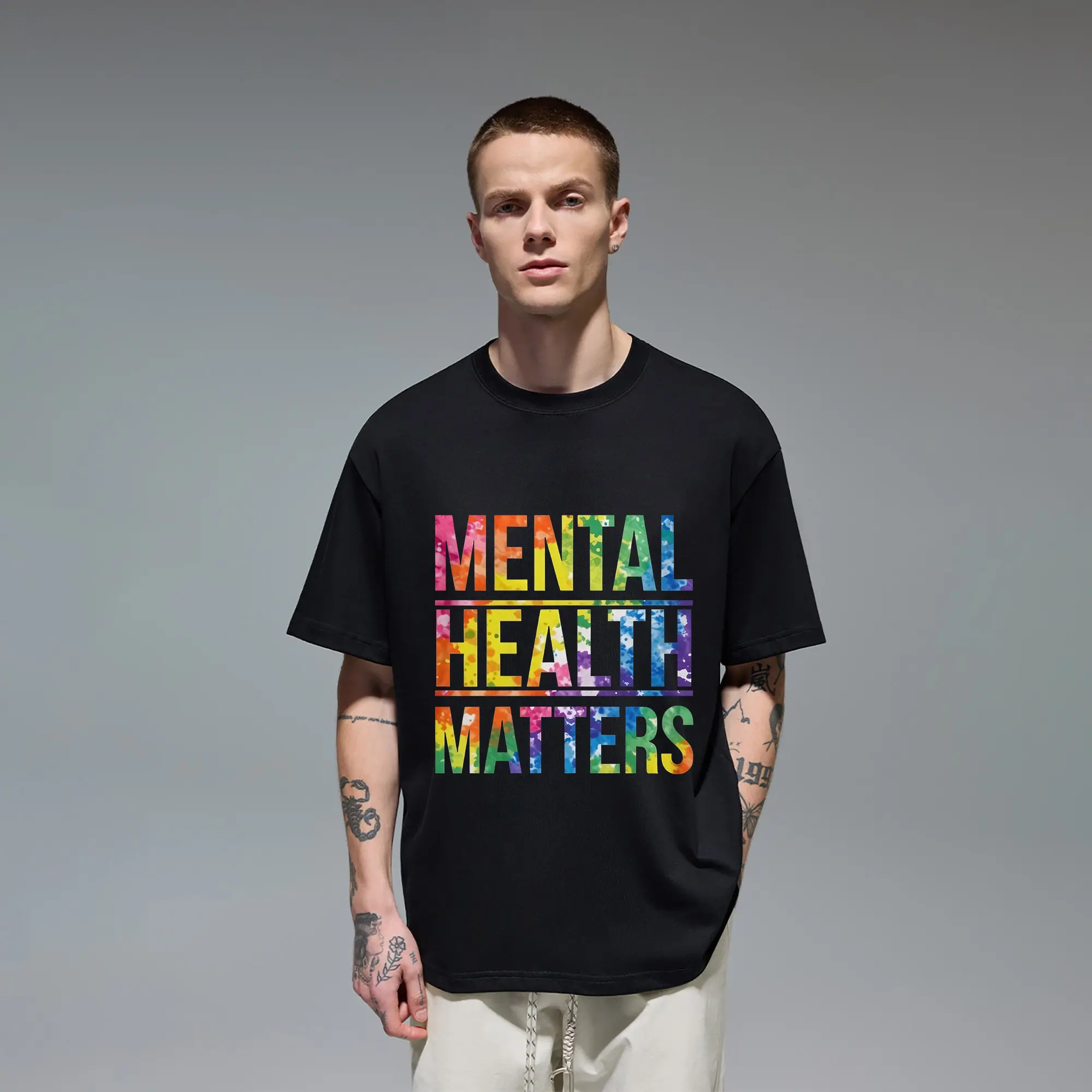 Mental Health Matters Rainbow Tie Dye Typography Suicide Prevention Awareness Original Oversized Cotton Graphic Tee T-Shirt for Men Gift Cutting Ideas Therapist Counselor Social Worker Teacher Inspirational Empathy Support Casual Everyday Wear Apparel