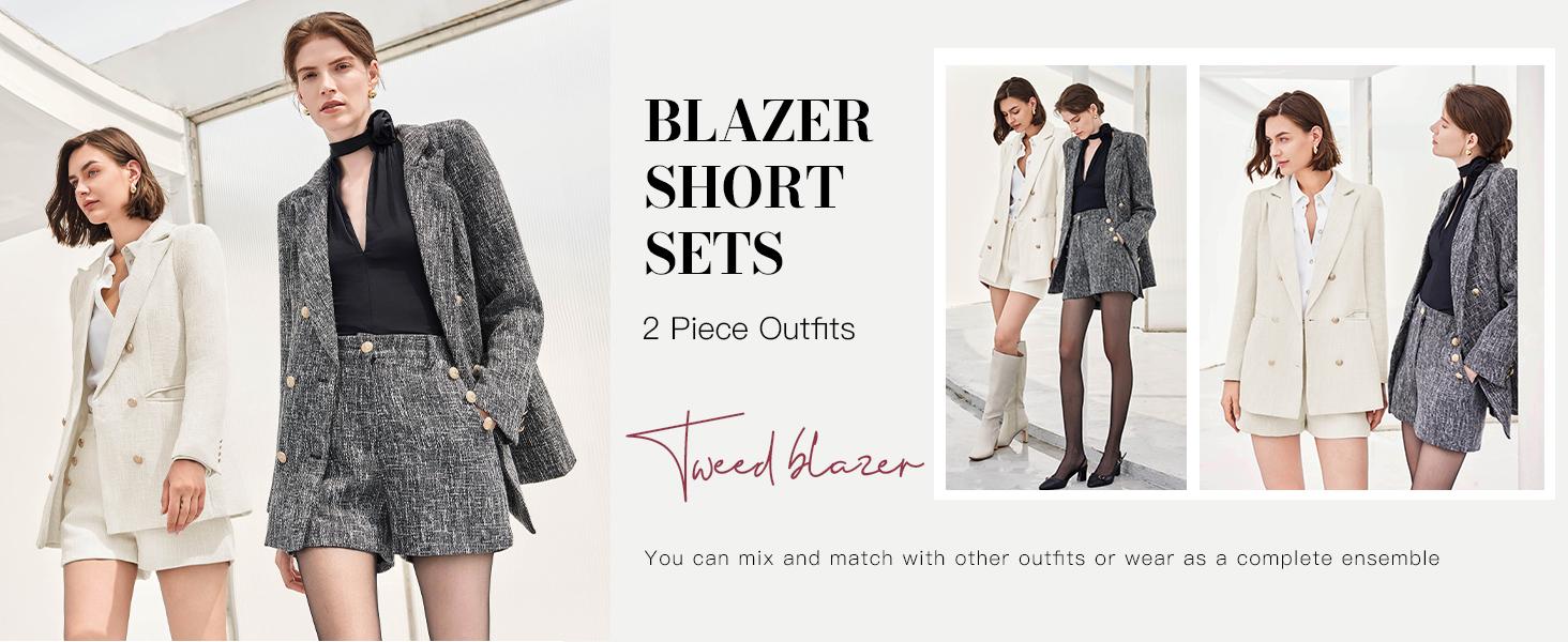 ARTFREE 2025 Womens 2 Piece Tweed Blazer Shorts Sets Long Sleeve Double Breasted Suit Jackets Business Outfit Classy Elegant