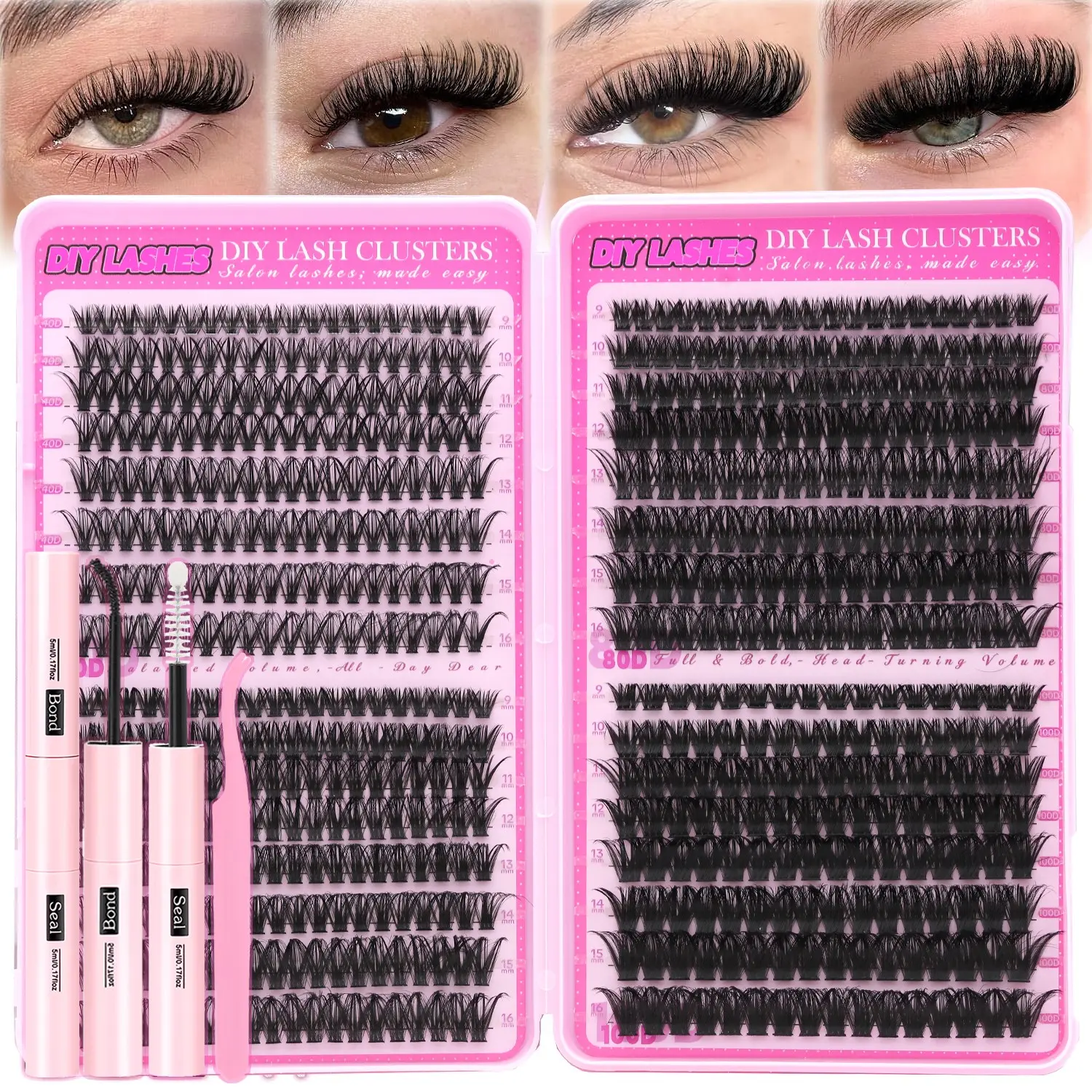 Pupilpop DIY Lash Clusters Kit 40D 80D 100D Wispy Volume Eyelash Extensions 9-16mm D Curl Individual Cluster Lashes with Bond Seal Remover Tweezers Ultra Thin Band Lightweight Natural to Volume Salon Effect 48H Waterproof
