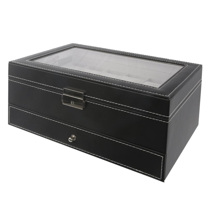 SUNNYGLADE 12 Slot PU Leather Lockable Watch Storage Boxes, Men & Women Jewelry Display Drawer Case, 2-tier Organizer Watch Showcase with Glass Lid (Black)