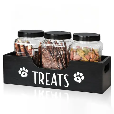 Wooden Pet Snack Box with 3 Clear Jars, 1 Set Farmhouse Style Pet Snack Storage Box, Durable Organizer for Dog & Cat Food Storage