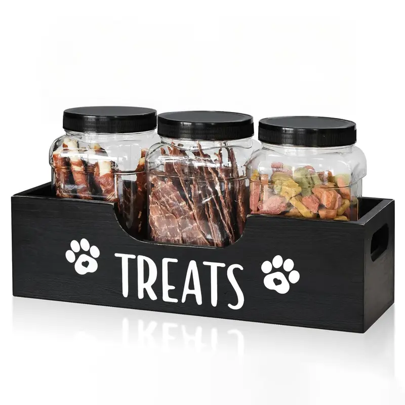 Wooden Pet Snack Box with 3 Clear Jars, 1 Set Farmhouse Style Pet Snack Storage Box, Durable Organizer for Dog & Cat Food Storage