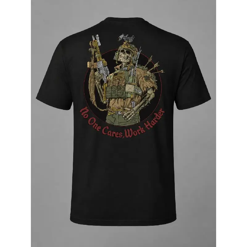Unisex Military Tactical Graphic T-Shirt - Armed Skeleton Soldier Bold Graphics, Vibrant Print Casual Tee, No One Cares Work Harder Motif, Discipline Grit Strength Alpha Mindset Short Sleeve Shirt for Hard Workers, Unisex Size