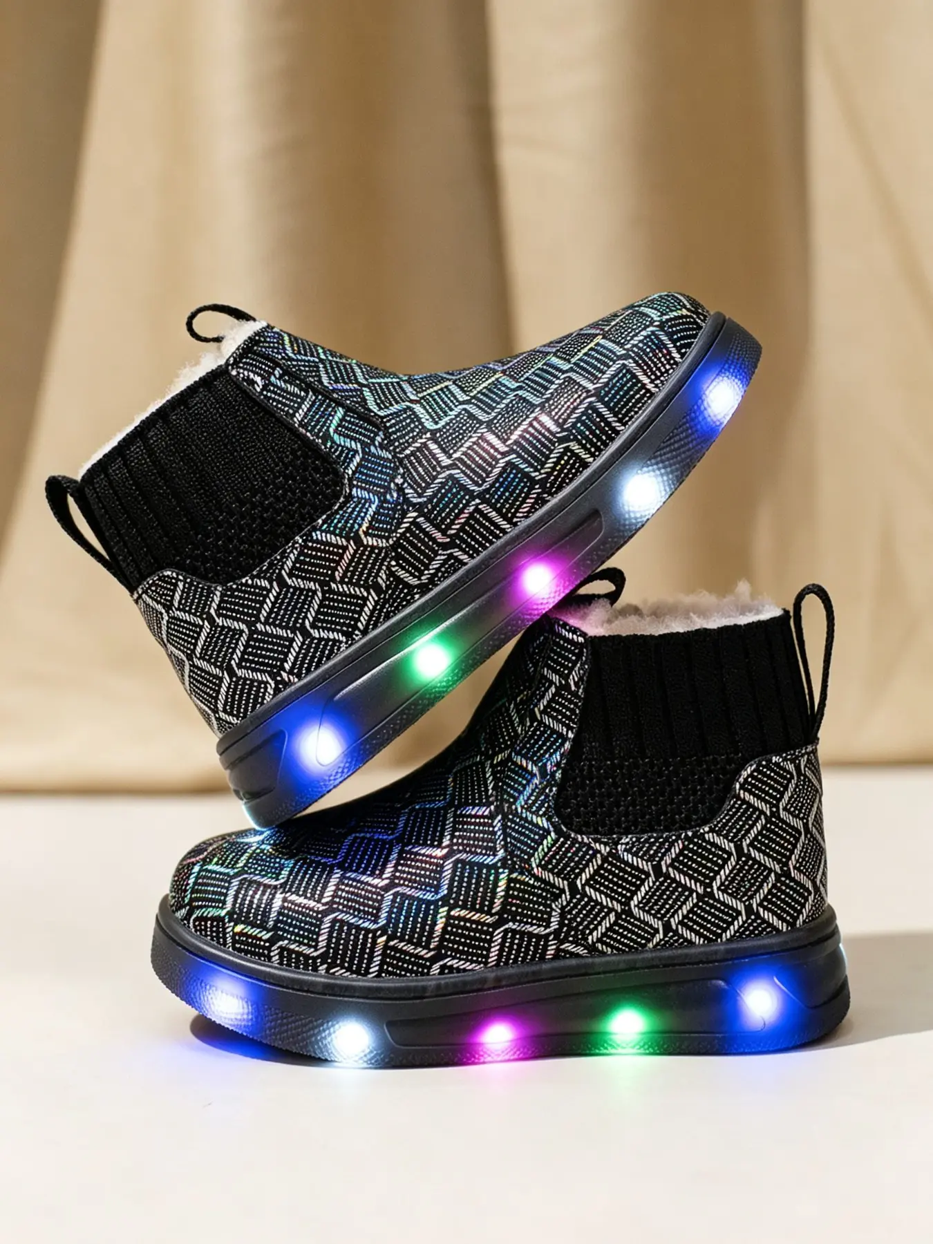 Glowing Bottom Boots, LED Lights, Warm Fuzzy Lining, Elastic Knit, Zipper, Anti-Slip, Winter Wear