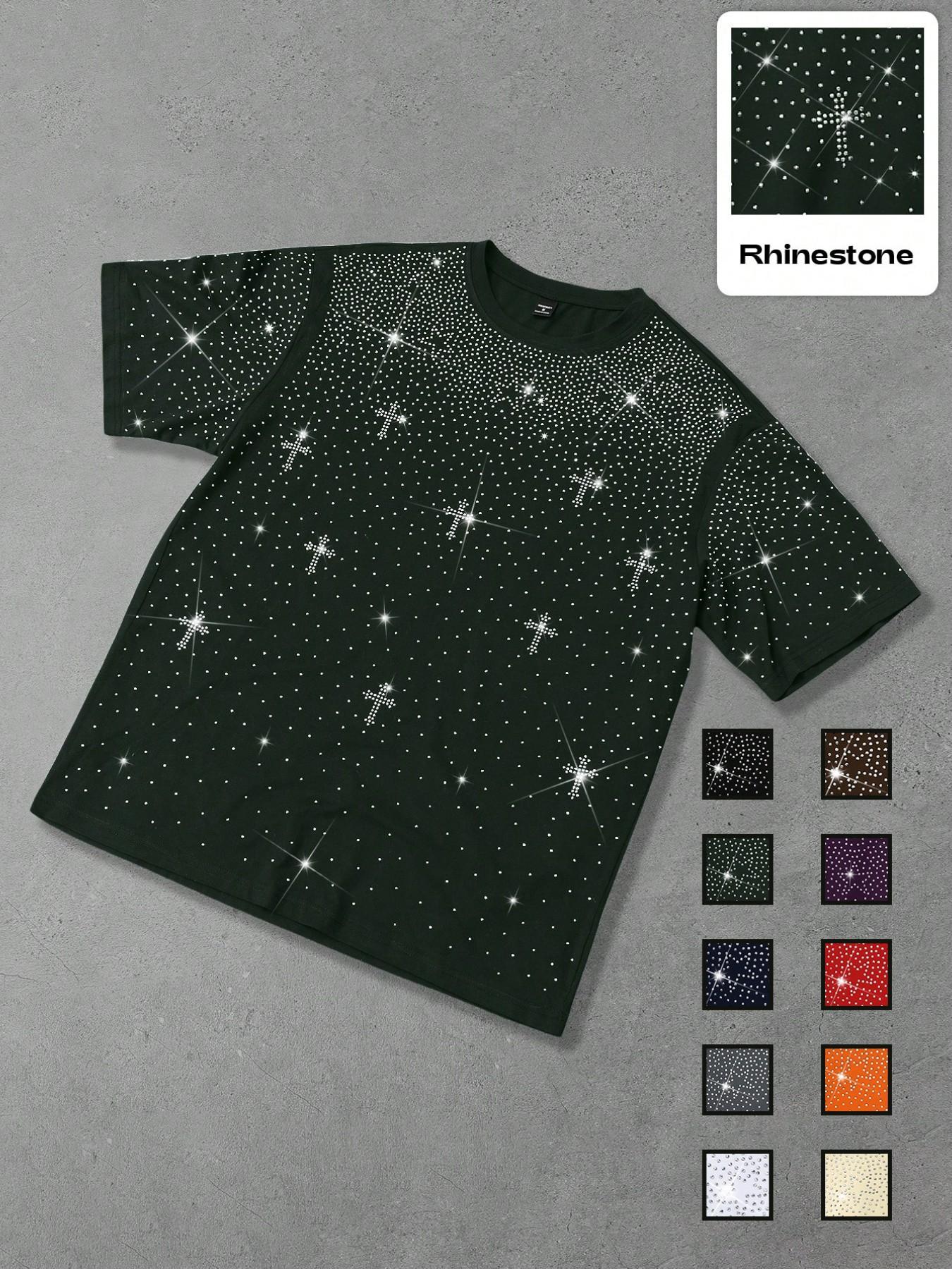 Men's Gothic Cross Rhinestone Embellished T-Shirt | Lightweight Breathable Polyester, Black Base with Sparkling Rhinestone Star & Cross Print, Oversized Fit, Y2K Streetwear Casual Tee, Ideal for Party, Night Out, Urban Street Style & Edgy Looks