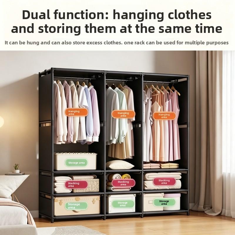 Wardrobe with clothes rod and storage shelves, standalone portable storage cabinet, easy-to-assemble fabric clothing organizer storage cabinet, sturdy metal frame, suitable for bedrooms, walk-in closets, apartments, dormitories, and small spaces