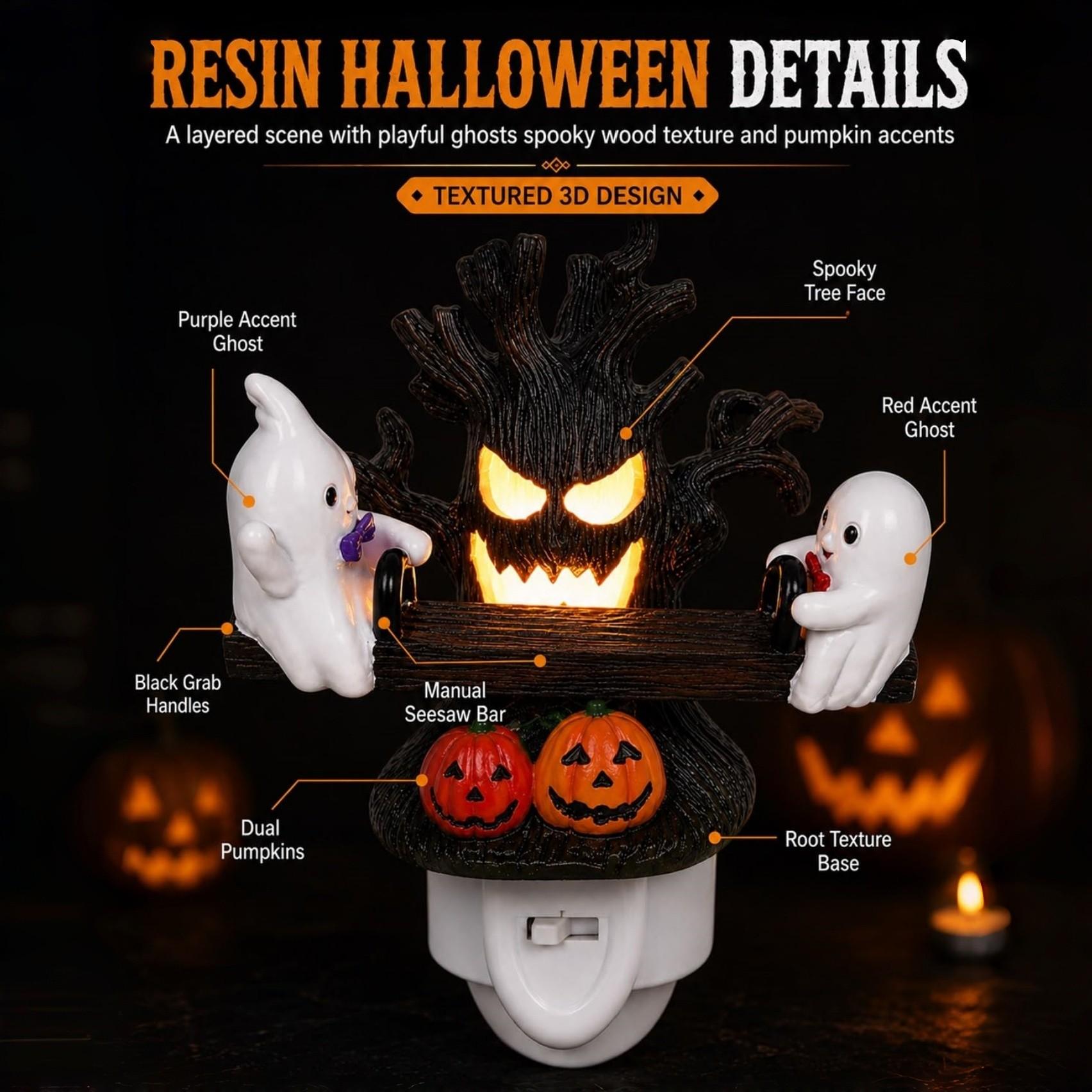 Friendly Ghosts Move up and Down for Playful Halloween Charm, Animated Seesaw Ghost Night Light, Holiday Decoration Lights, Festive Decoration, Manual Press Rocker Plug in Resin Wall Decor Glowing Tree Face Pumpkin Bedroom