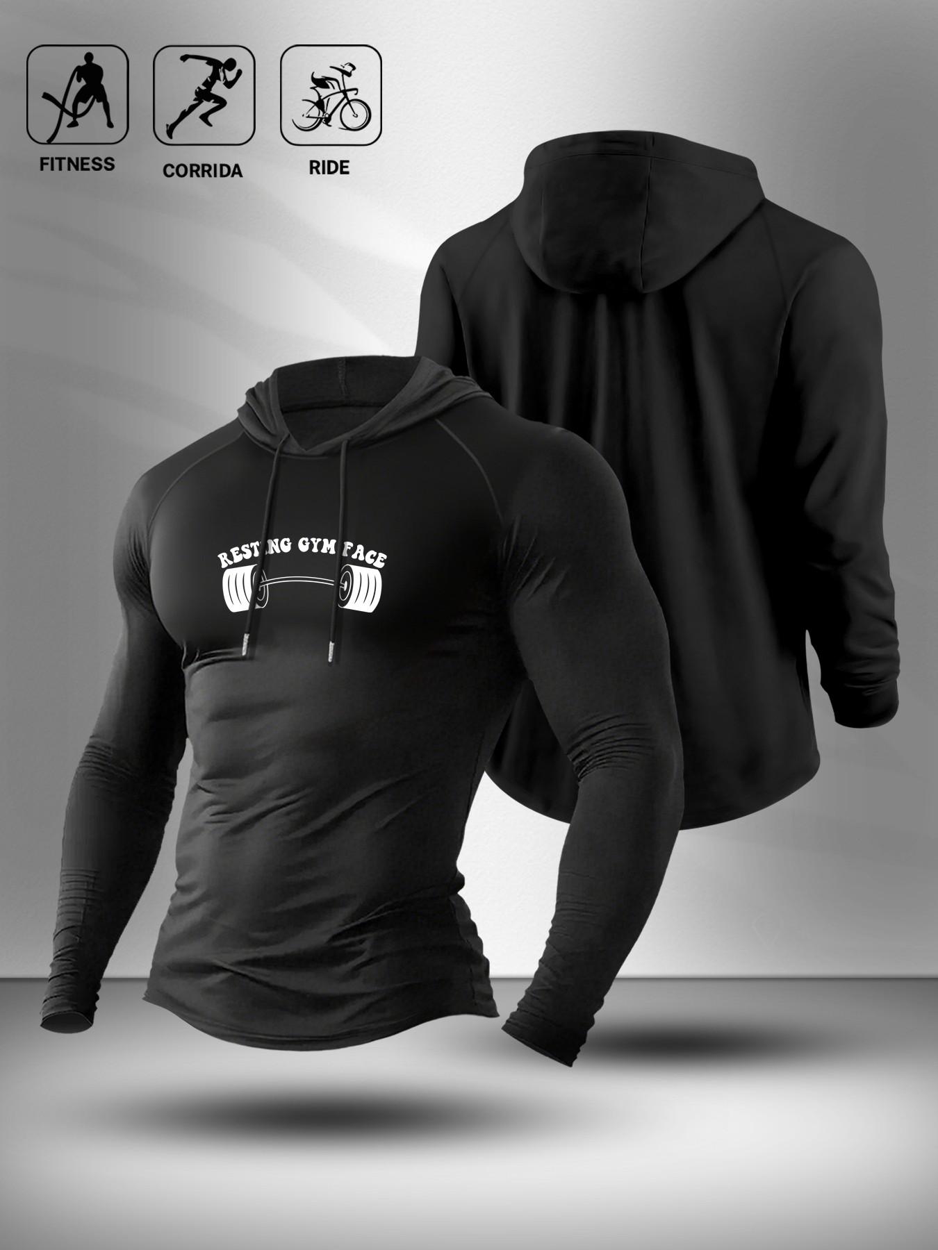 "RESTING GYM FACE" Dumbbell Graphic Hooded Compression Long Sleeve Shirt, Men's Stretch Gym Workout Fitness Athletic Hoodie (Black)
