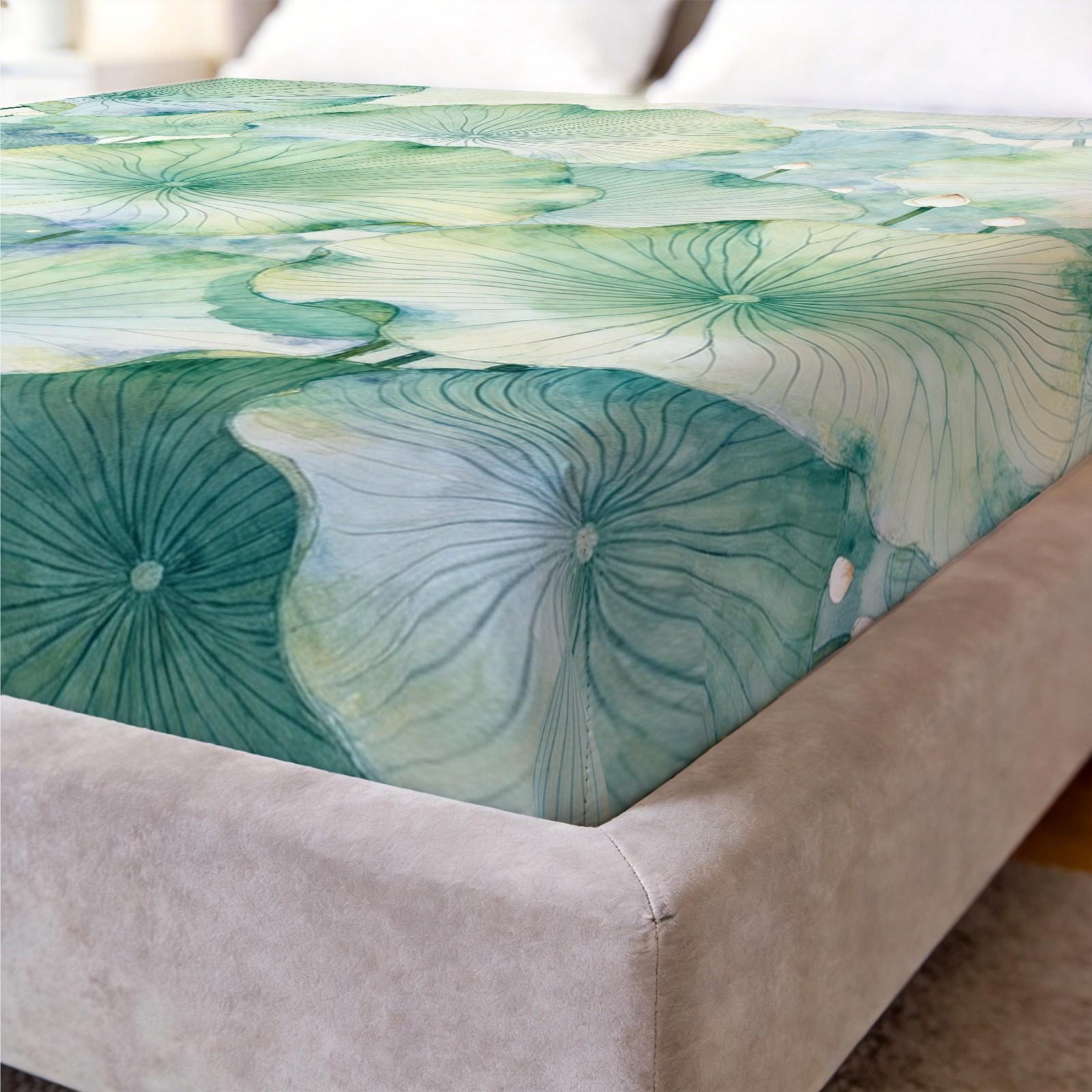 3 Piece Watercolor Lotus Leaf Fitted Sheet Set, Green Lotus HD Digital Print Bedding Set, Soft Breathable Deep Pocket Bed Sheet with Pillowcases for Bedroom & Dorm (Insert Not Included)